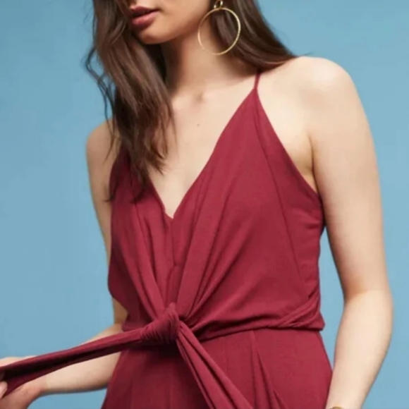 Anthropologie Willa WILLA Tie Waist Burgundy Red Draped Jumpsuit Large - Picture 2 of 15